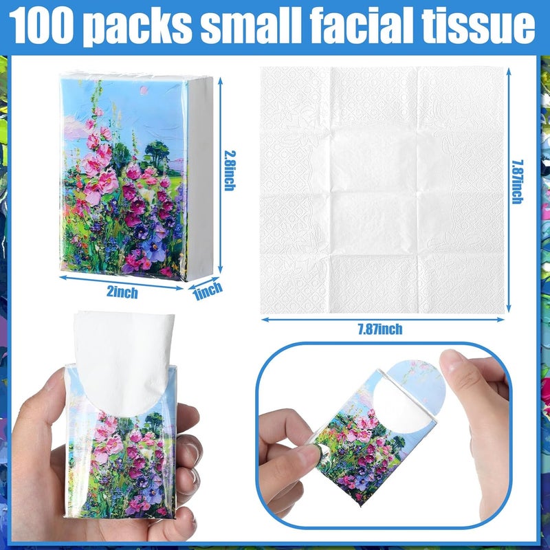 Fourluoo 100 Pack Pocket Tissues Individual Packs Bulk 3 Ply Mini Wallet Facial Tissues Travel Size for Spring Summer Wedding Party Supplies(Oil Painting Flowers) - Image 3